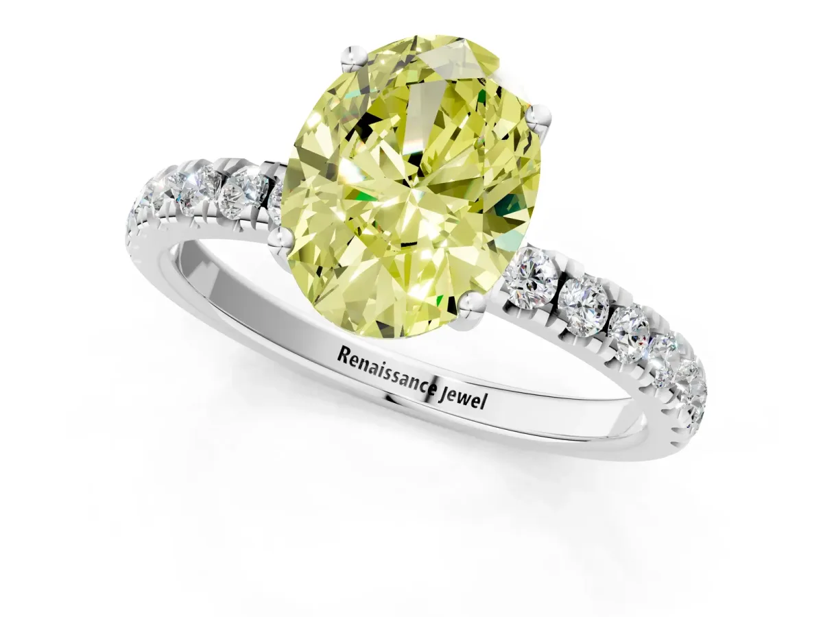 Fancy Yellow Oval Cut Diamond Pave Band Solitaire Ring with Round and Prong Setting Silver
