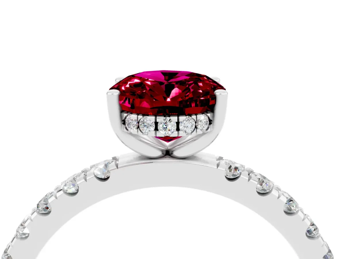 Oval Cut Garnet Pave Band Solitaire Ring with Round and Prong Setting White gold