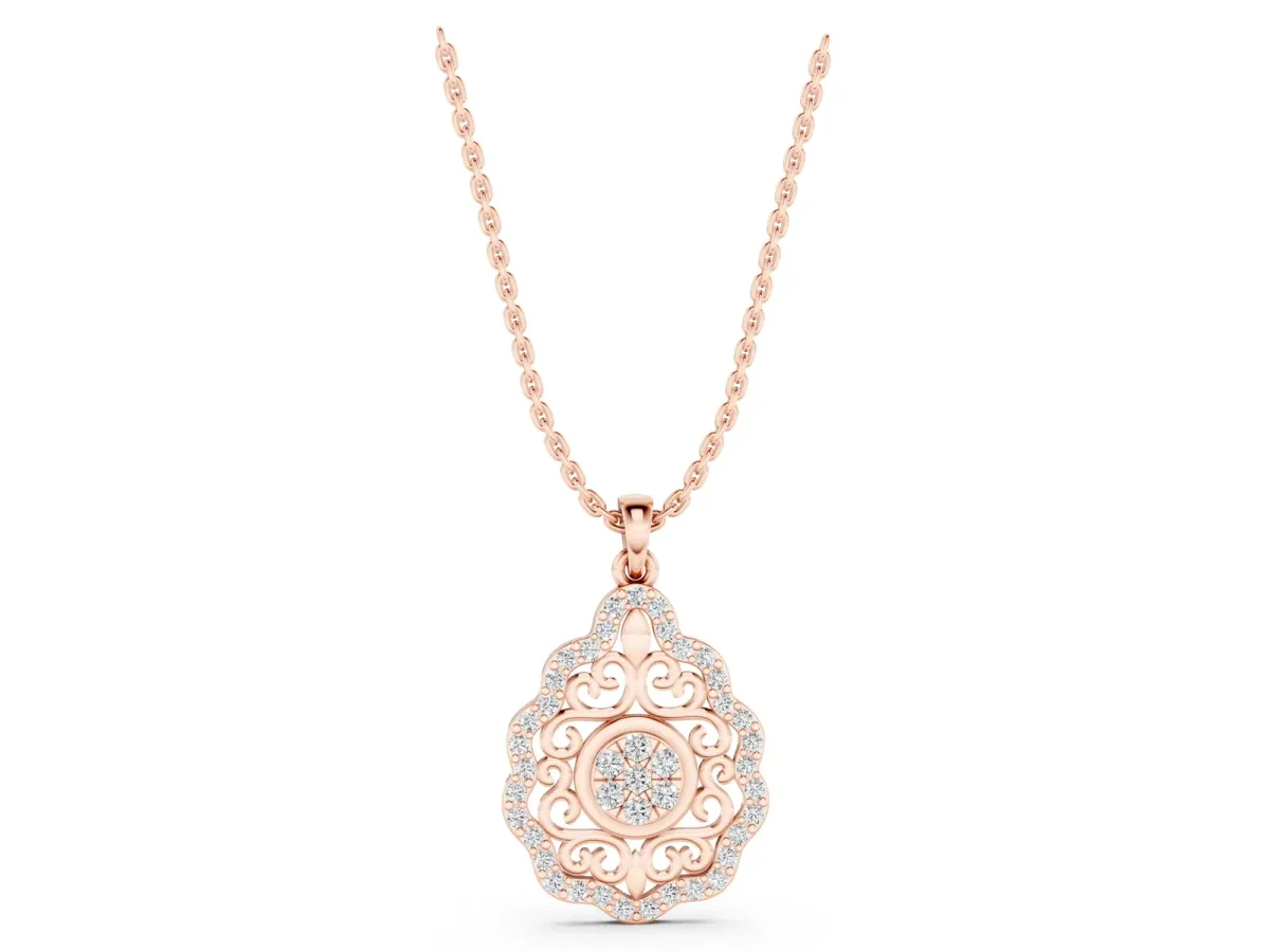 Round Diamond Halo Pendant with Filigree Design Rose gold