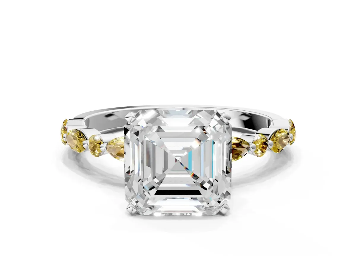 Asscher Cut Diamond Ring with Marquise and Round Yellow Sapphire Side Stones and Four-Prong Setting Silver