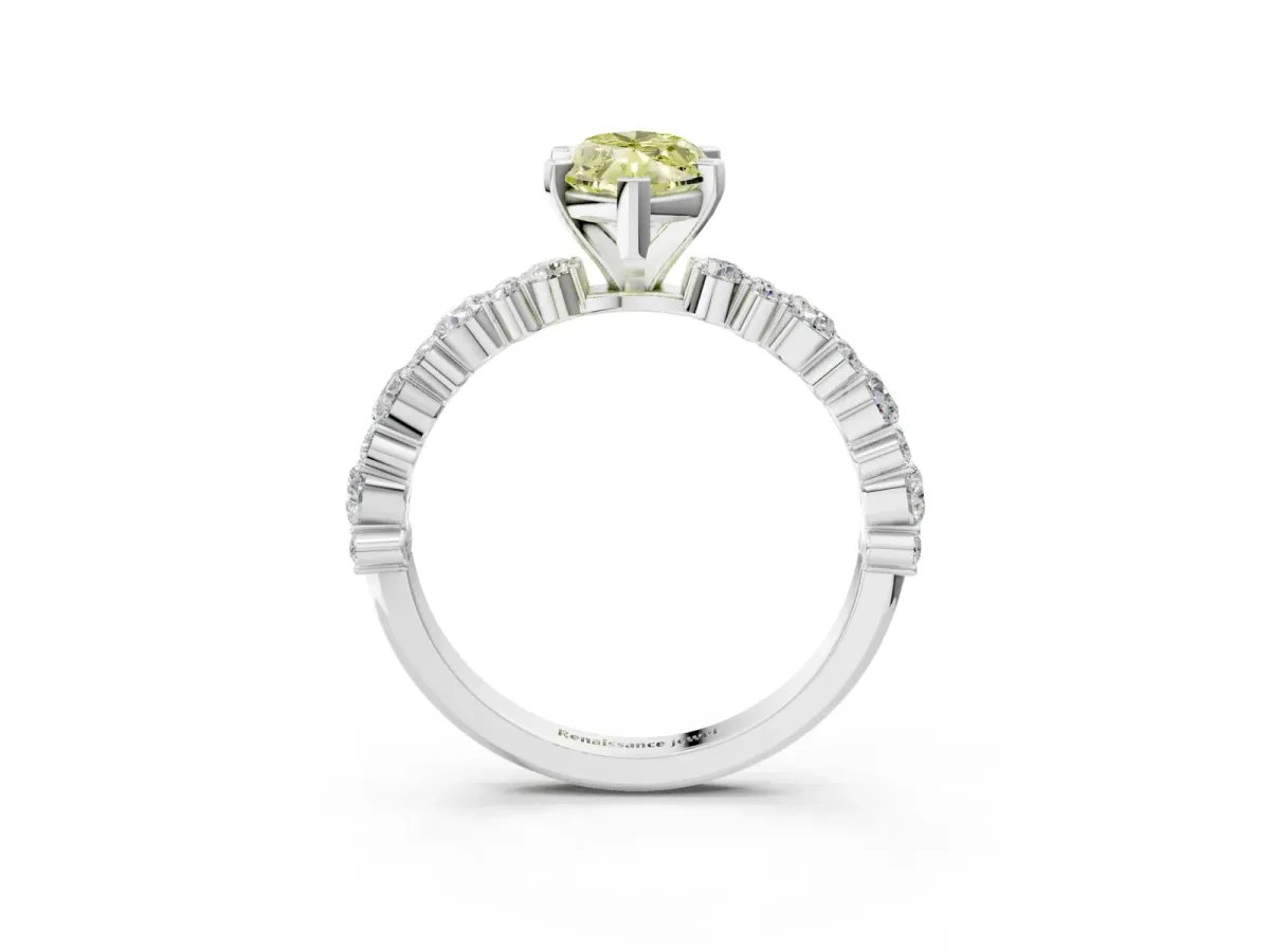 Fancy Yellow Marquise Cut Diamond Side Stone Solitaire Ring with Round and Four-Prong Setting White gold