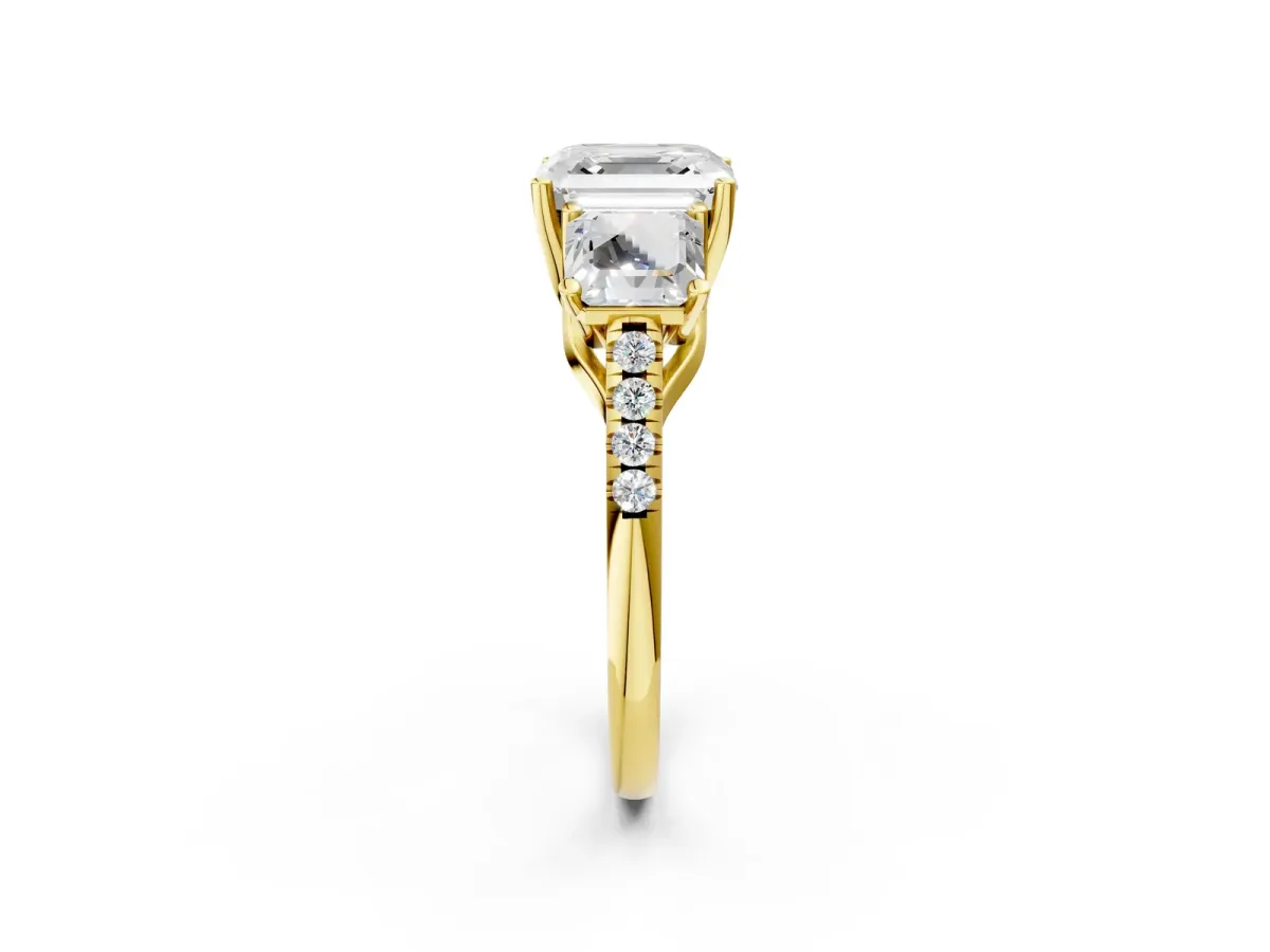 Three-Stone Asscher Cut Diamond Ring with Round Moissanite Pavé Band and Prong Setting Yellow gold