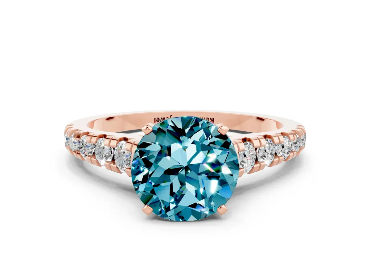 Round Cut Blue Topaz Cathedral Solitaire Ring with Round Pavé Band Rose gold