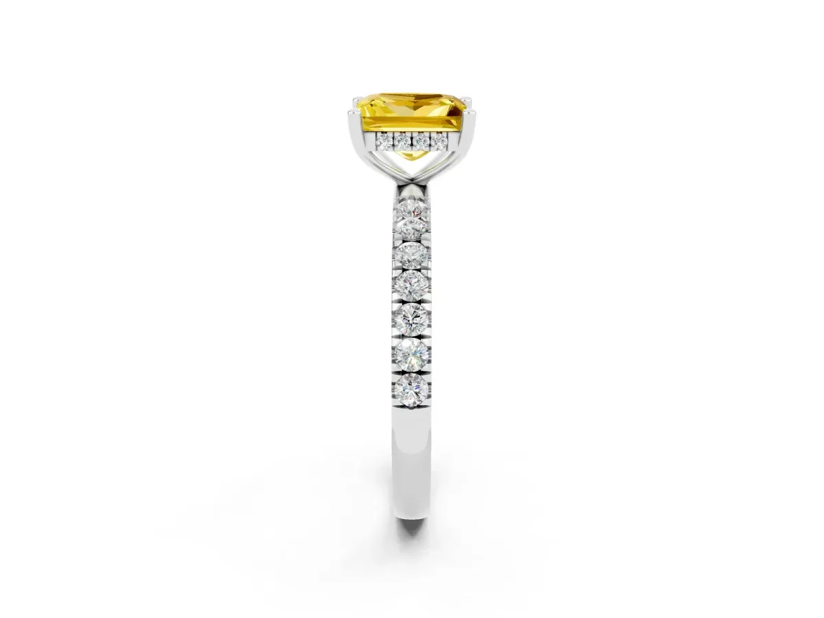 Princess Cut Yellow Sapphire Pave Band Solitaire Ring with Round and Prong Setting Platinum