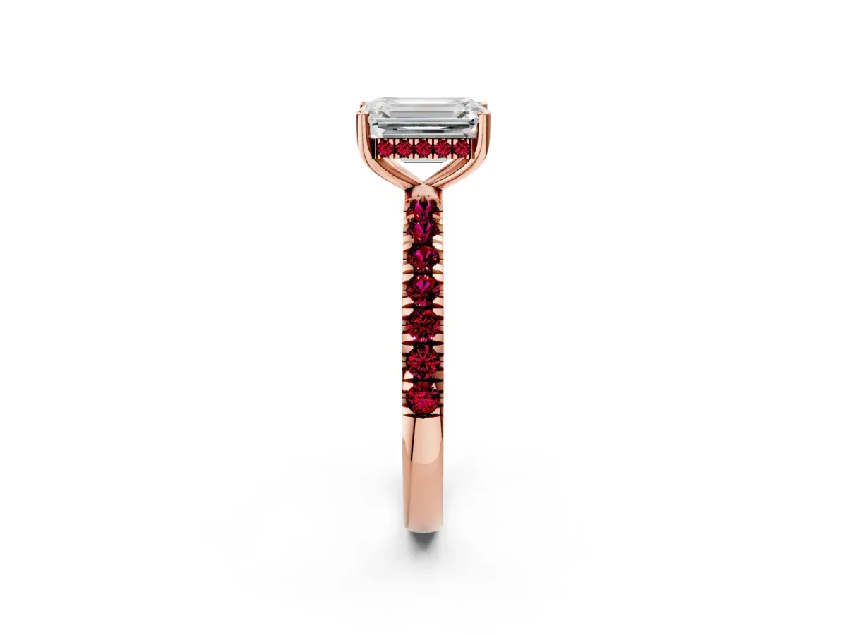 Emerald Cut Diamond Pave Band Solitaire Ring with Round Garnet and Prong Setting Rose gold