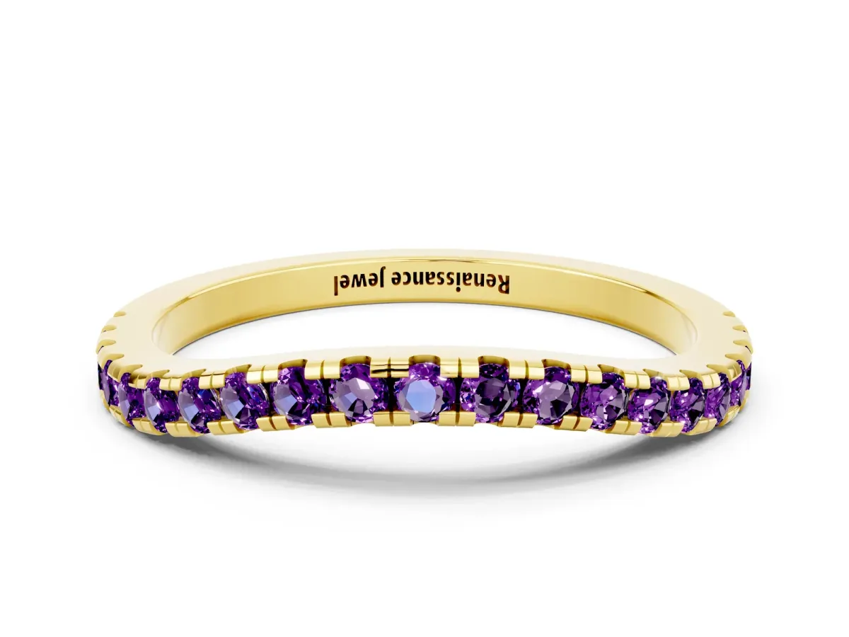 Round Amethyst Pavé Half Eternity Band with Shared Prong Setting Yellow gold