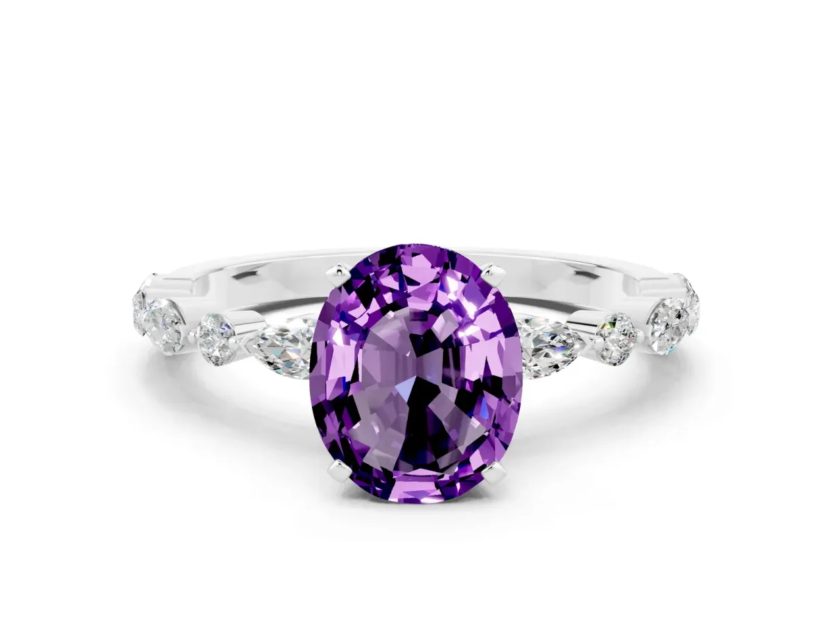 Oval Cut Amethyst Ring with Marquise and Round Side Stones and Four-Prong Setting Platinum
