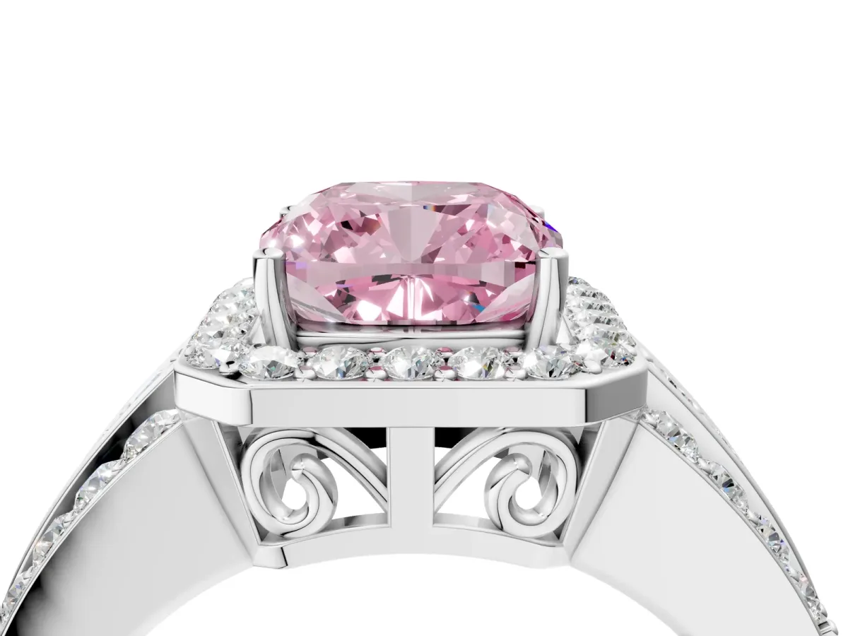Fancy Pink Cushion Cut Halo Diamond Ring with Round Split Shank and Prong Setting White gold