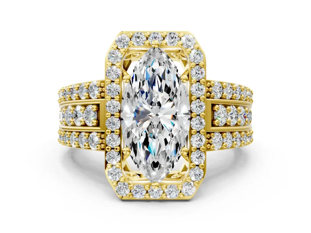 Marquise Cut Halo Diamond Ring with Round Moissanite Split Shank and Prong Setting Yellow gold
