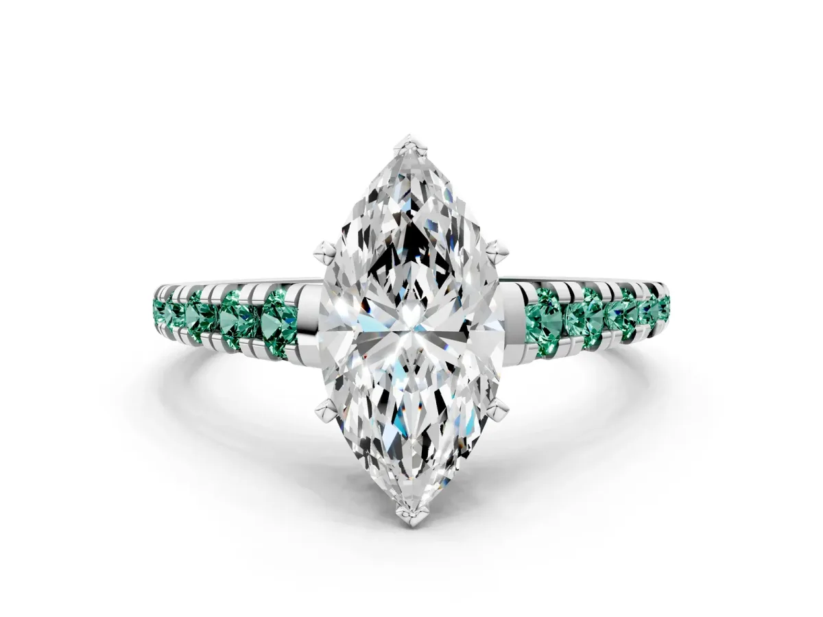 Marquise Cut Diamond Cathedral Solitaire Ring with Round Green Sapphire Pavé Band Silver