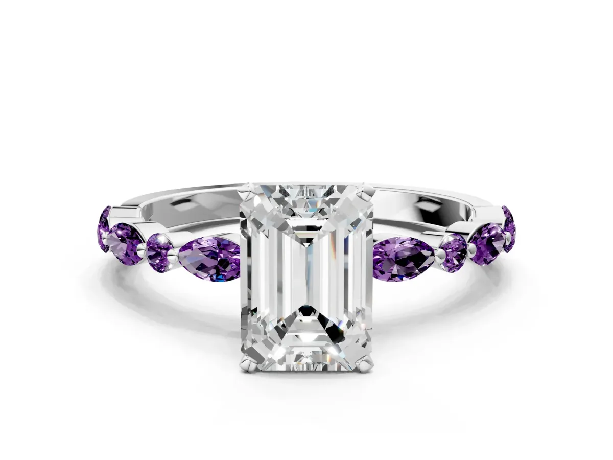 Emerald Cut Diamond Ring with Marquise and Round Amethyst Side Stones and Four-Prong Setting Silver