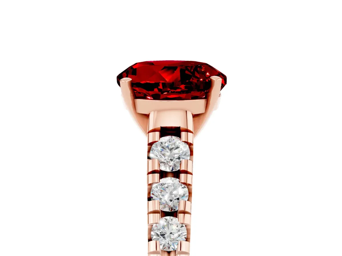 Round Cut Ruby Cathedral Solitaire Ring with Round Pavé Band Rose gold