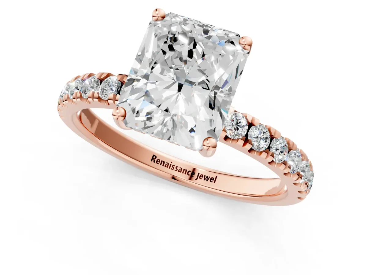 Radiant Cut Diamond Pave Band Solitaire Ring with Round and Prong Setting Rose gold
