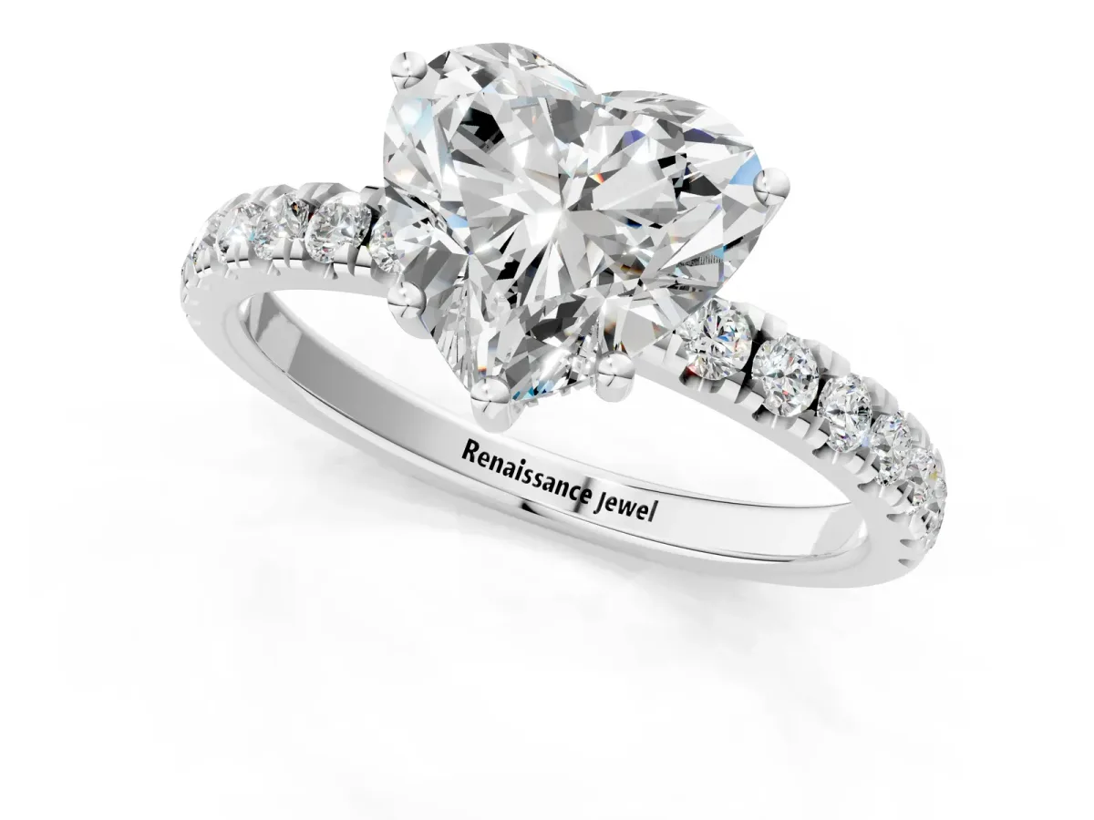 Heart Cut Diamond Pave Band Solitaire Ring with Round Moissanite and Prong Setting Platinum