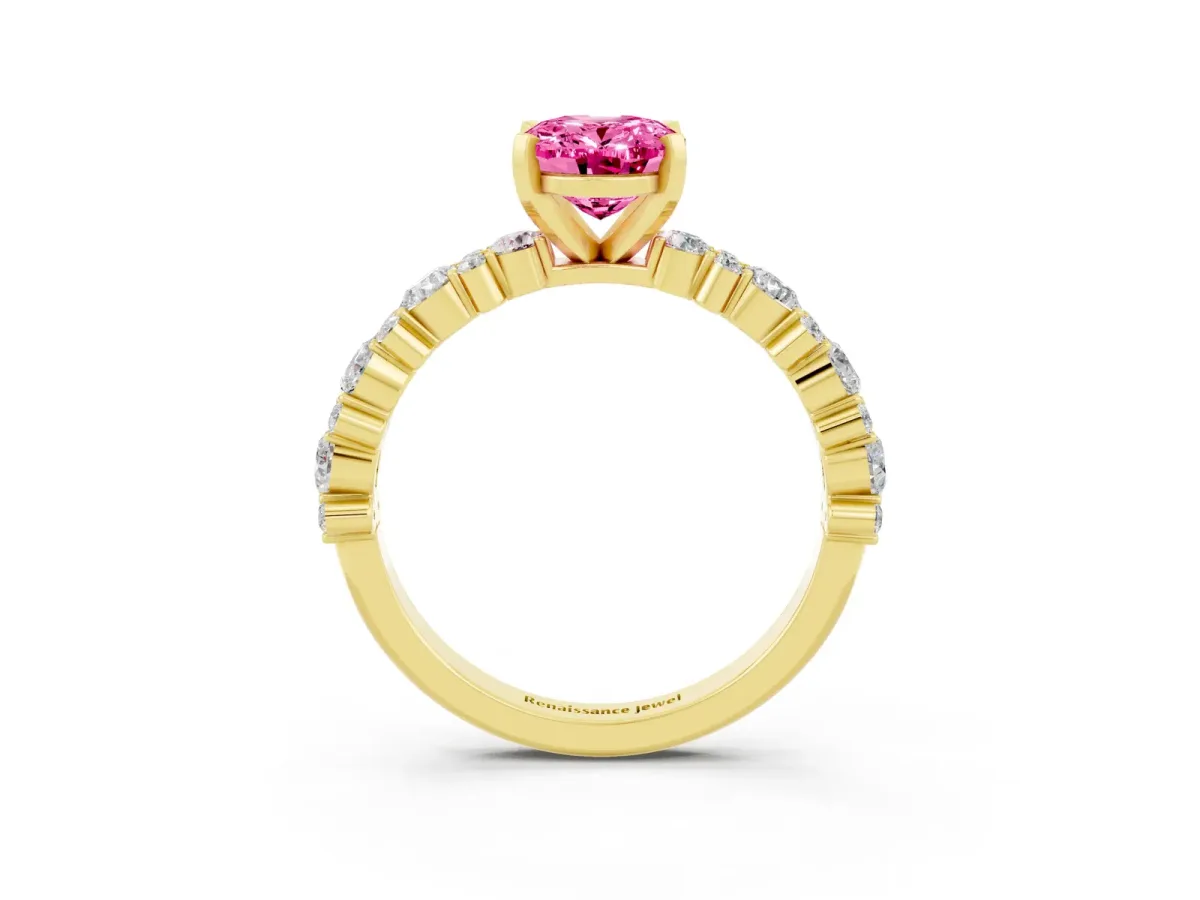 Oval Cut Pink Sapphire Side Stone Solitaire Ring with Round and Four-Prong Setting Yellow gold