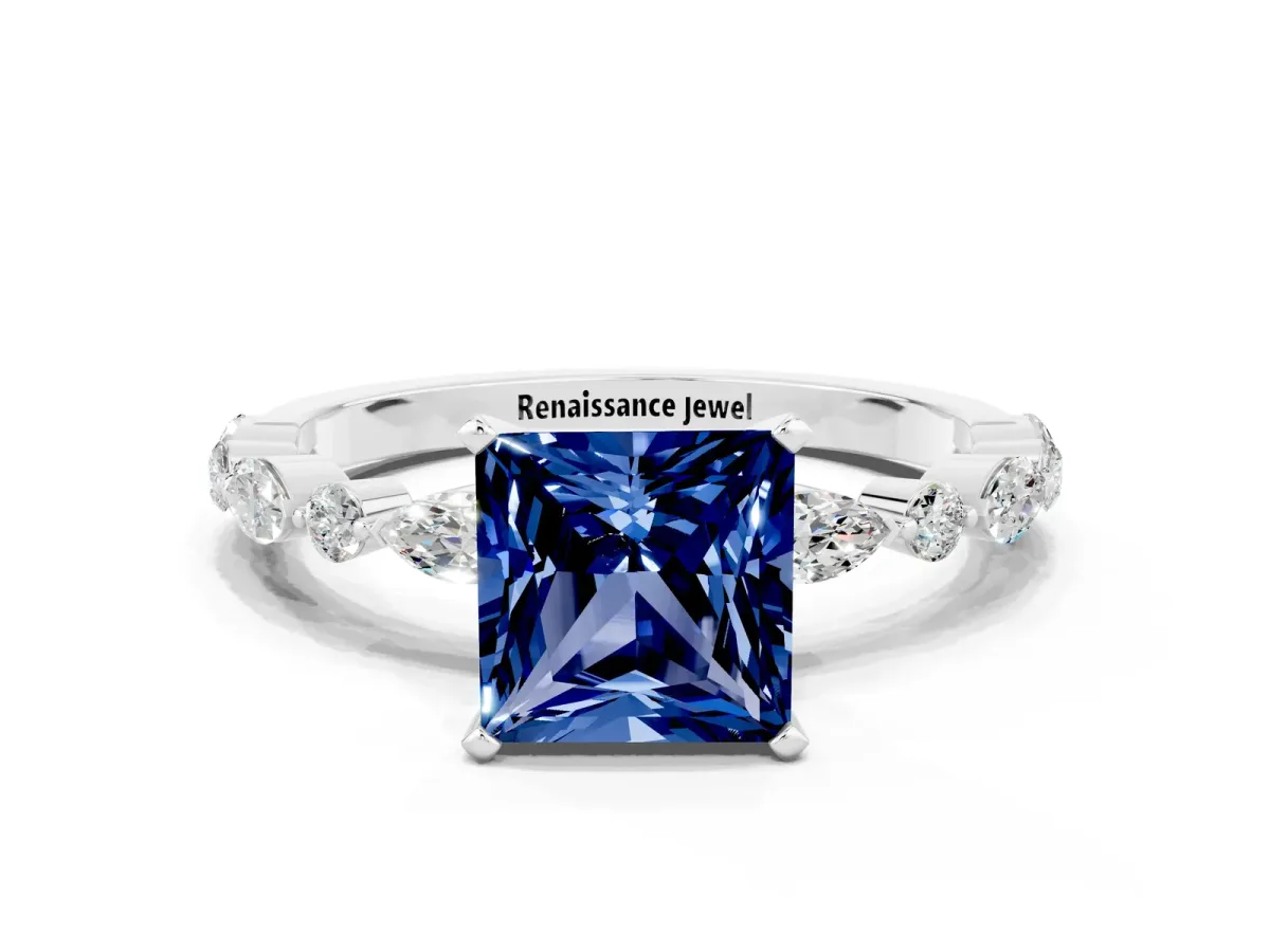 Princess Cut Blue Sapphire Ring with Marquise and Round Side Stones and Four-Prong Setting Silver