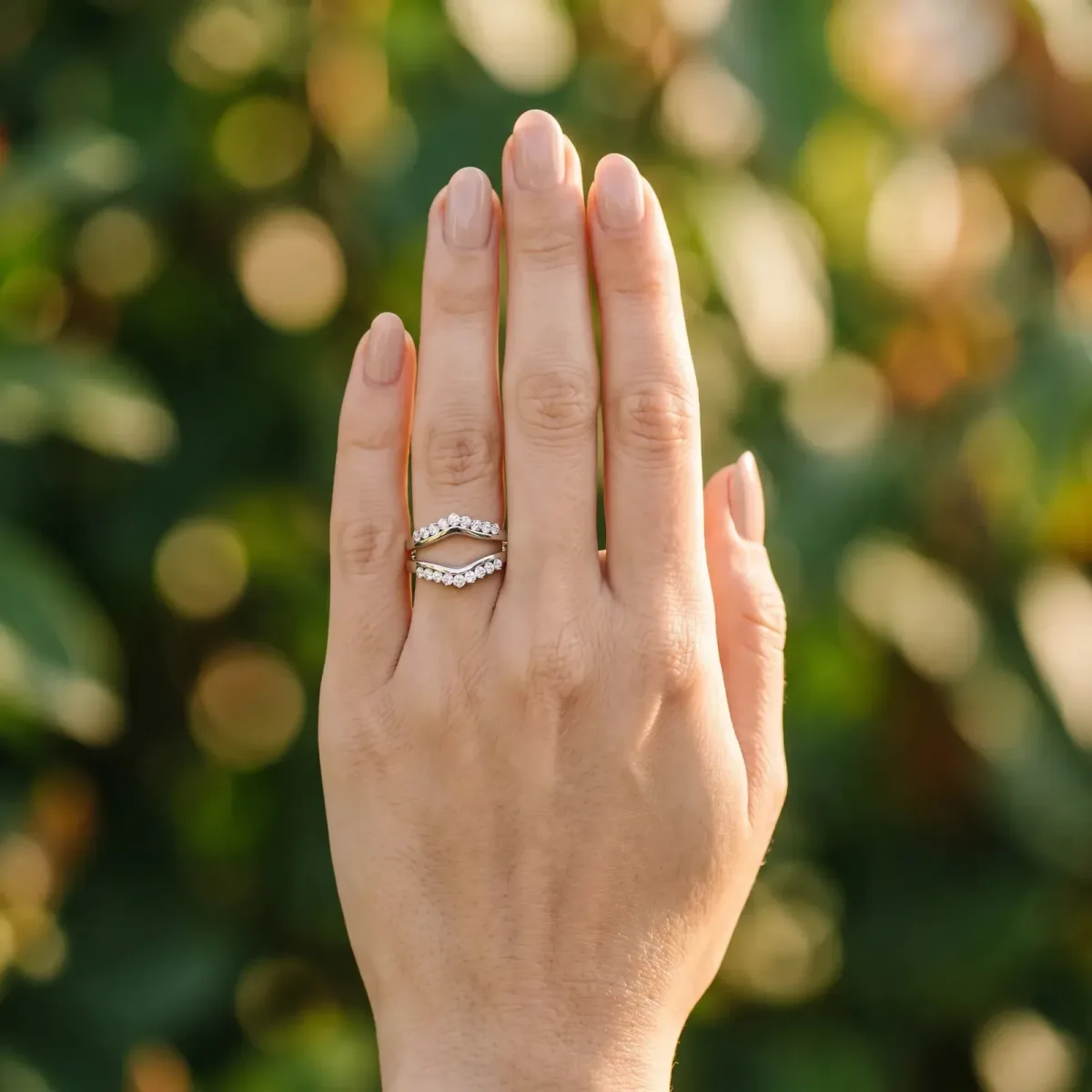 Round Diamond Chevron Contour Band with Prong Setting Silver