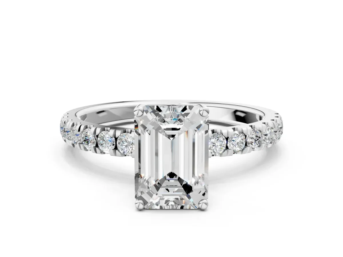 Emerald Cut Diamond Pave Band Solitaire Ring with Round Moissanite and Prong Setting Platinum