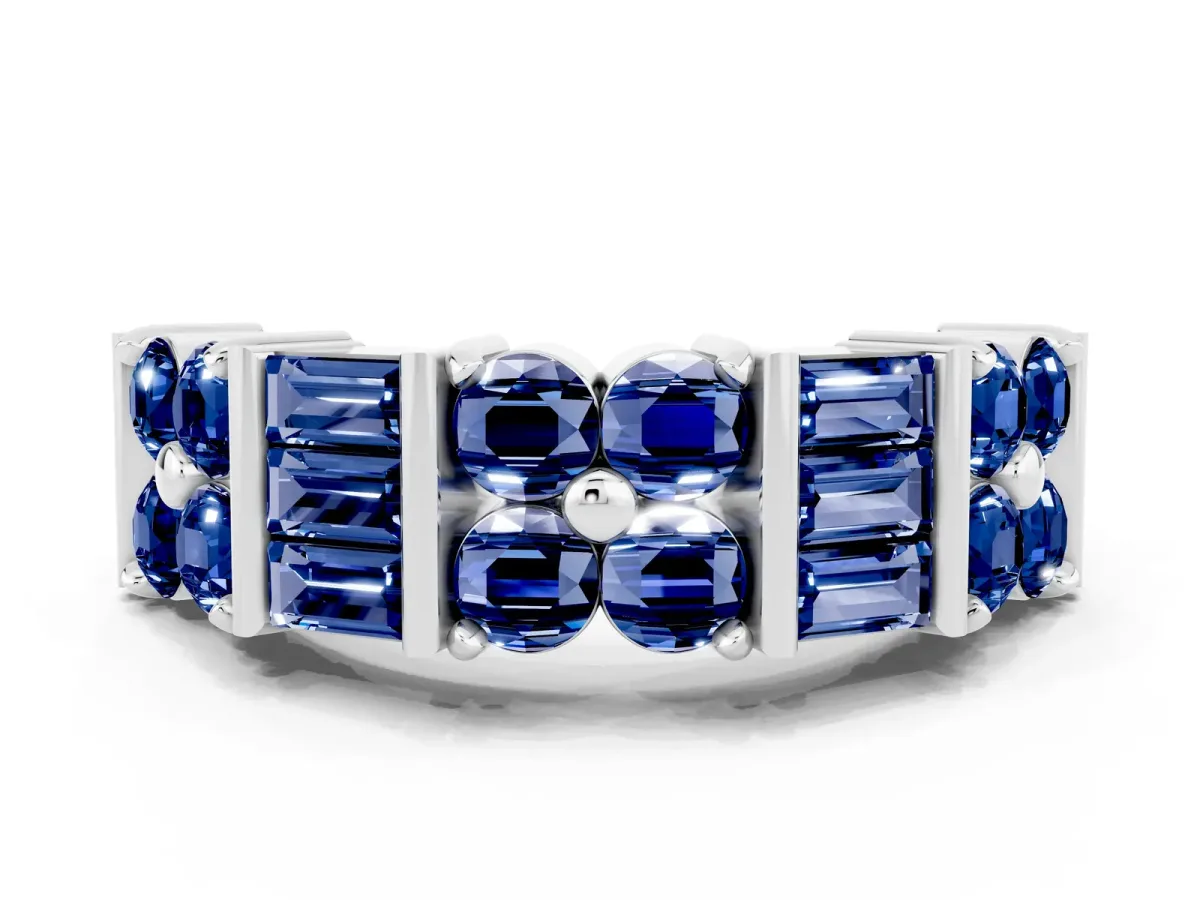 Channel Set Round and Baguette Blue Sapphire Anniversary Band with Prong Setting Silver