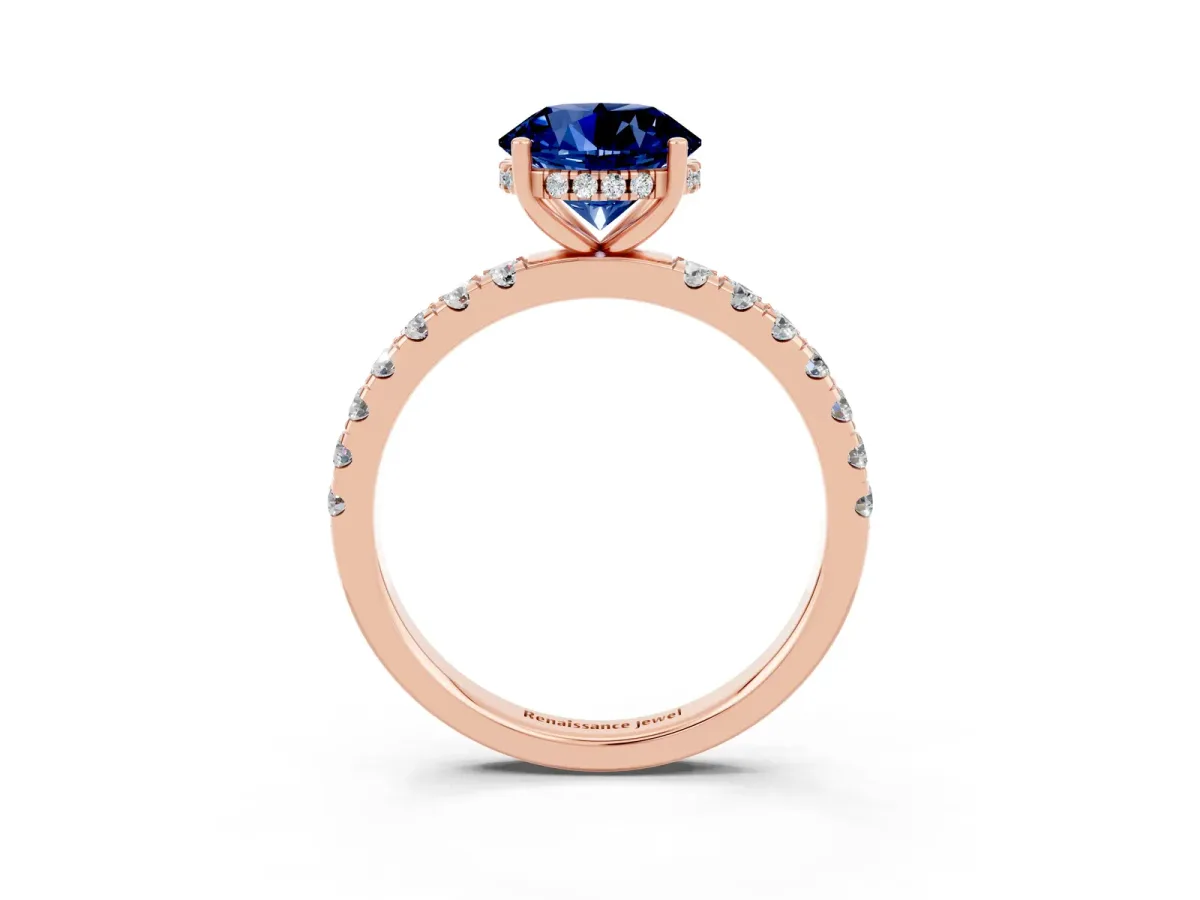 Round Cut Blue Sapphire Pave Band Solitaire Ring with Round and Prong Setting Rose gold
