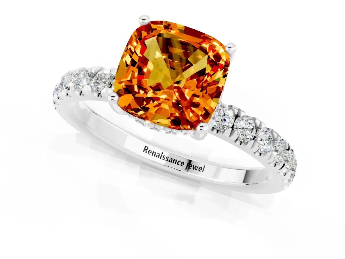 Cushion Cut Citrine Pave Band Solitaire Ring with Round and Prong Setting Silver