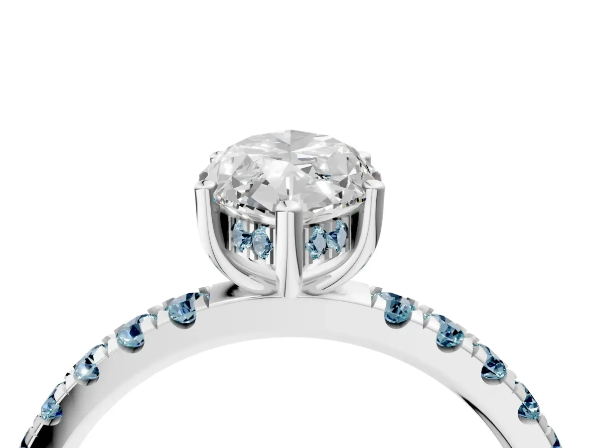 Marquise Cut Diamond Pave Band Solitaire Ring with Round Aquamarine and Prong Setting Silver