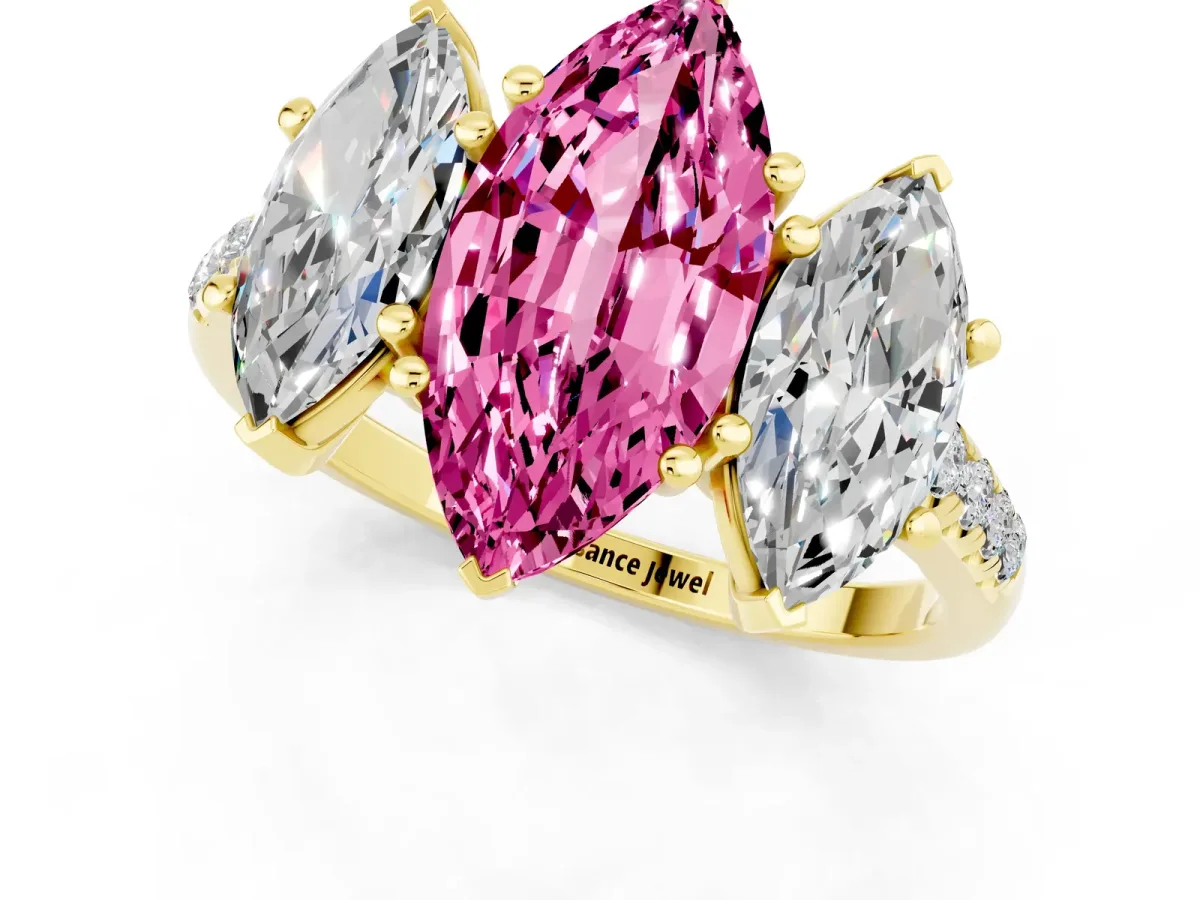 Three-Stone Marquise Cut Pink Sapphire Ring with Round Pavé Band and Prong Setting Yellow gold