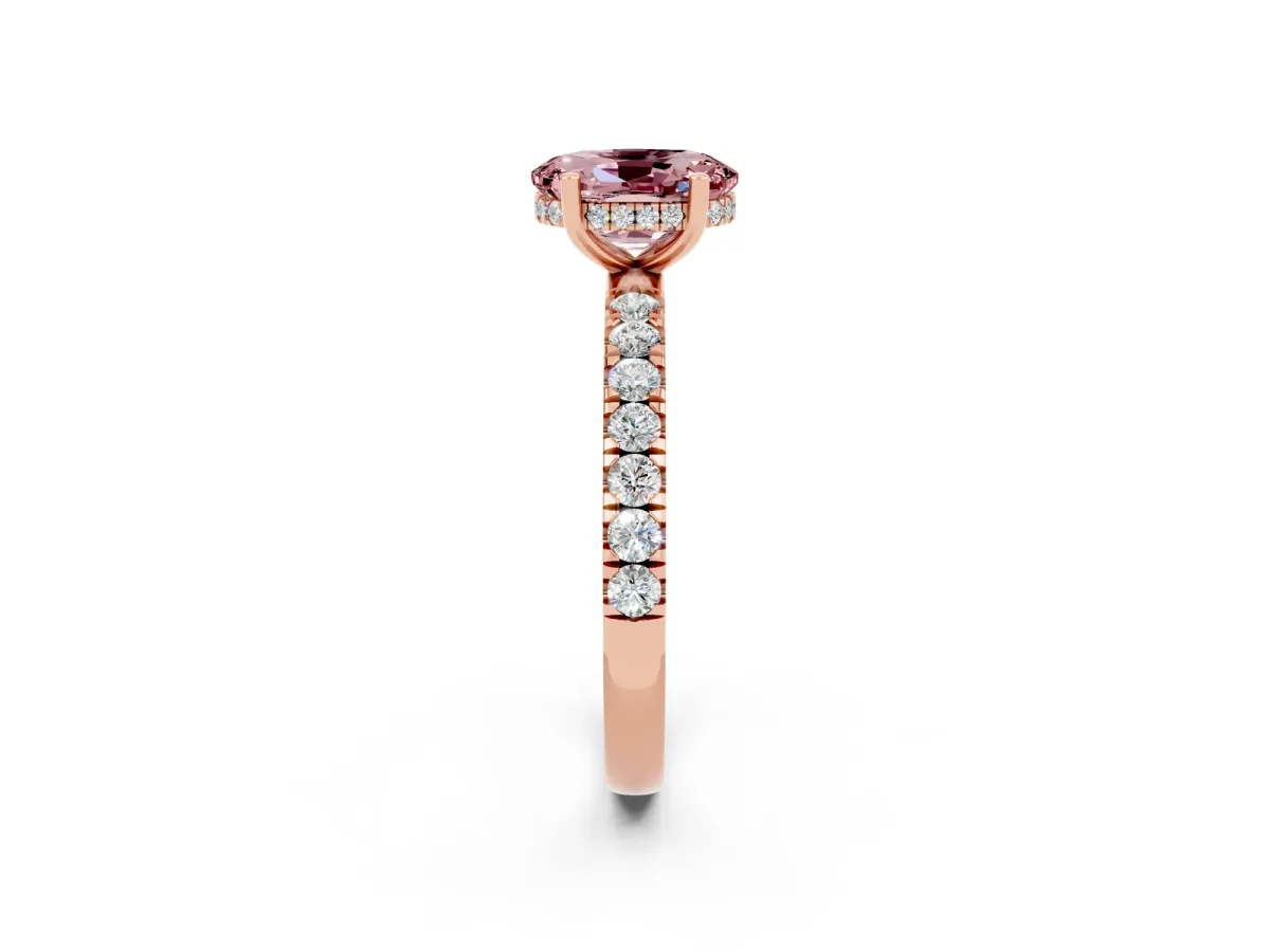 Oval Cut Morganite Pave Band Solitaire Ring with Round and Prong Setting Rose gold