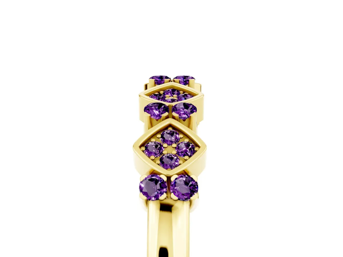 Pavé Cushion Amethyst Cluster Eternity Band with Prong Setting Yellow gold