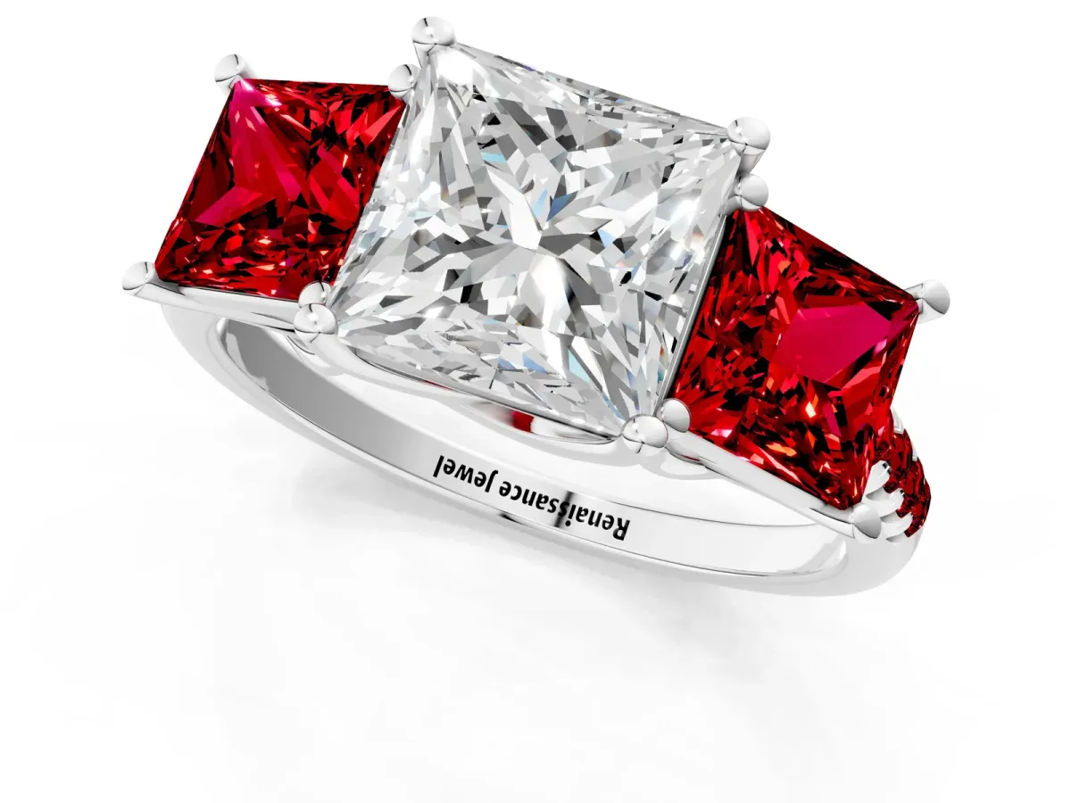 Three-Stone Princess Cut Diamond Ring with Round Ruby Pavé Band and Prong Setting Silver