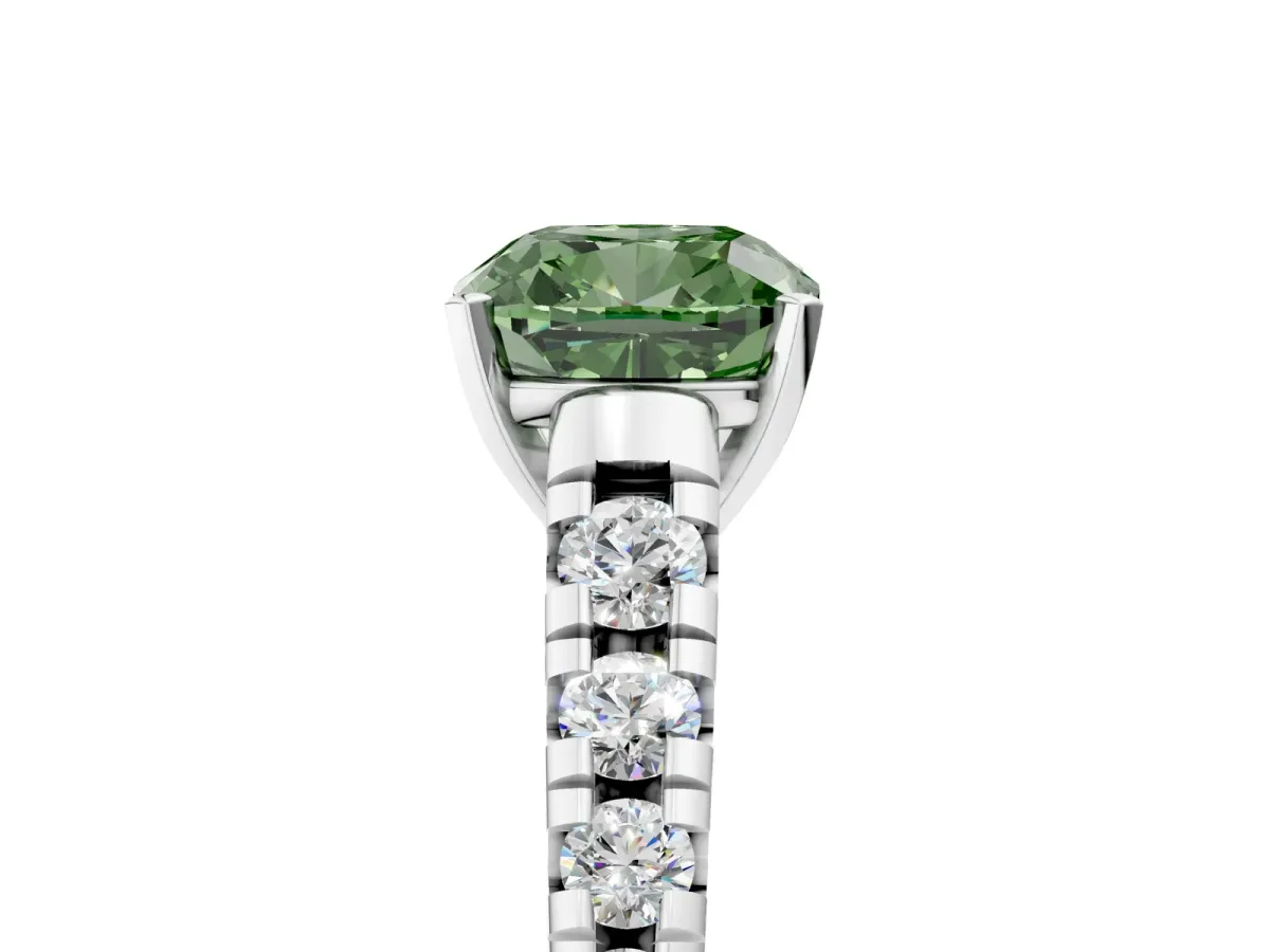 Fancy Green Cushion Cut Diamond Cathedral Solitaire Ring with Round Pavé Band Silver