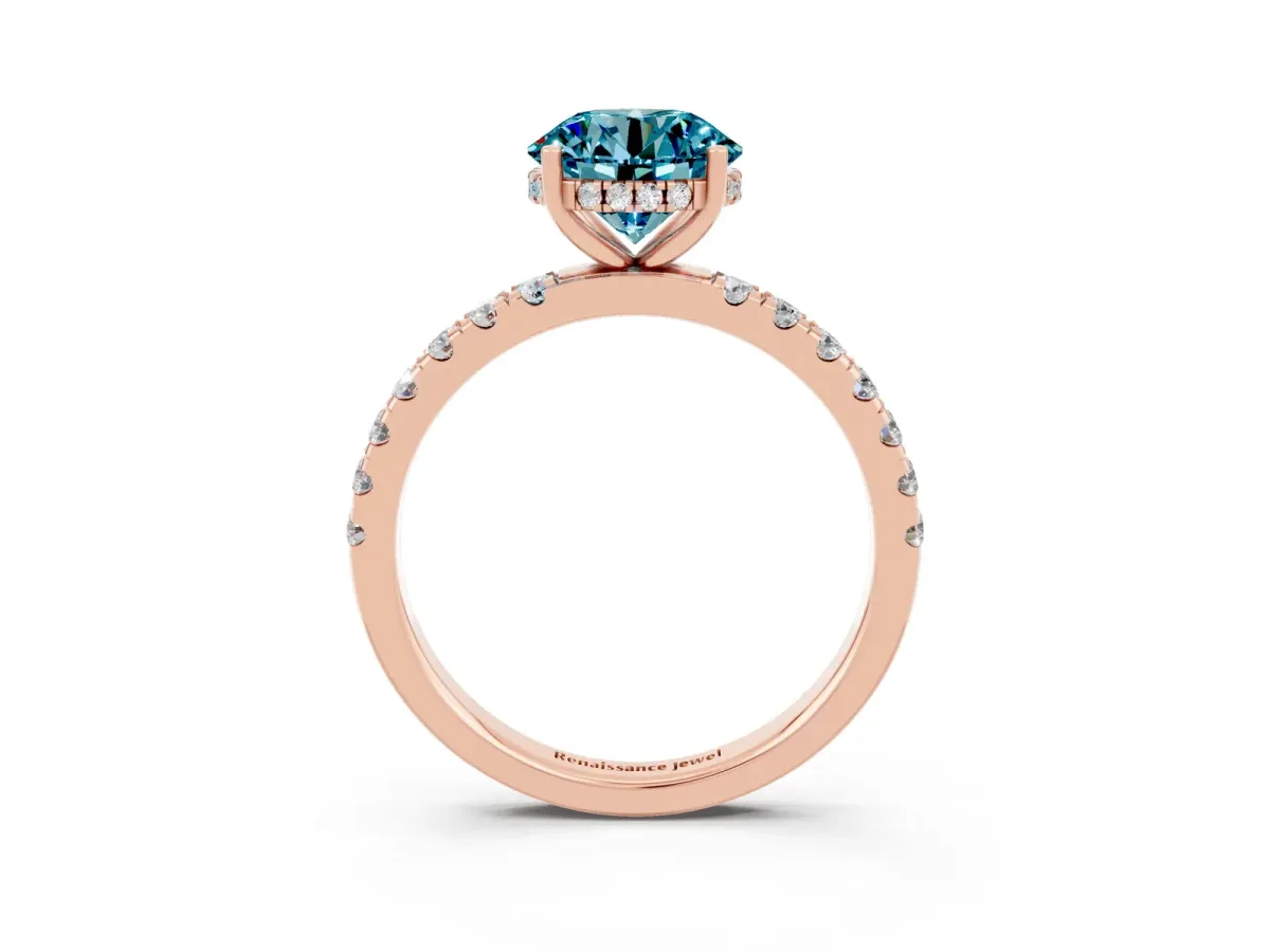 Round Cut Blue Topaz Pave Band Solitaire Ring with Round and Prong Setting Rose gold