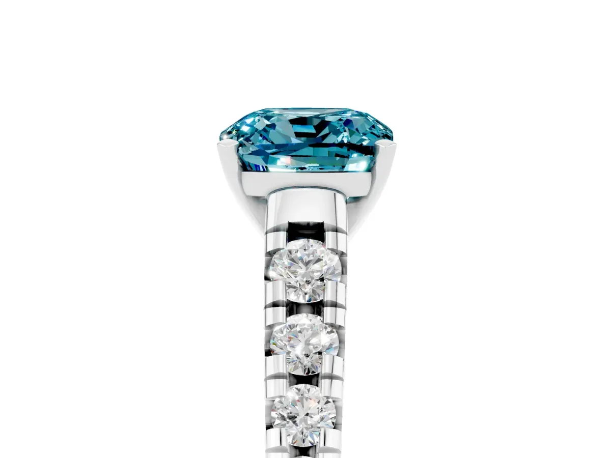 Cushion Cut Blue Topaz Cathedral Solitaire Ring with Round Pavé Band Platinum