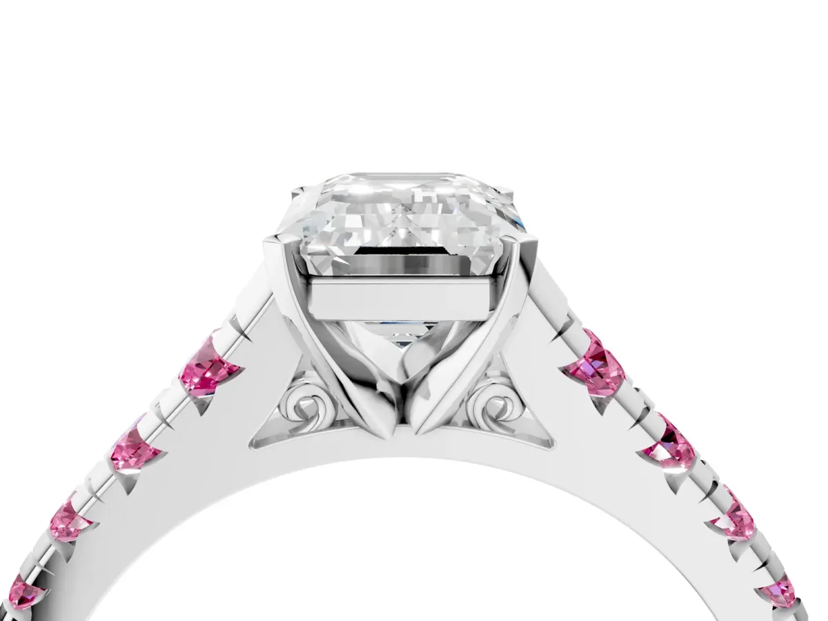 Emerald Cut Diamond Cathedral Solitaire Ring with Round Pink Sapphire Pavé Band Platinum
