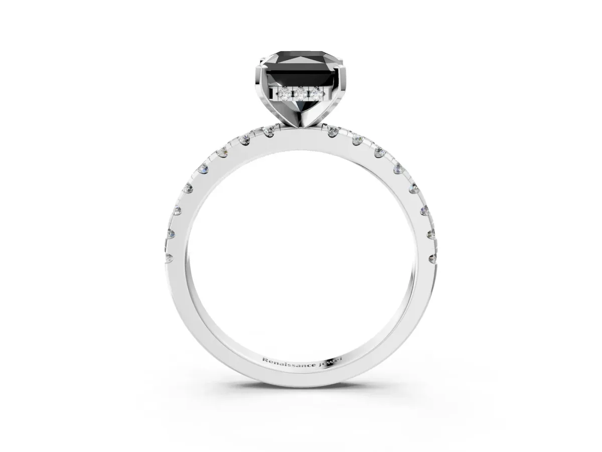 Fancy Black Radiant Cut Diamond Solitaire Ring with Round Pavé Band and Four-Prong Setting Platinum