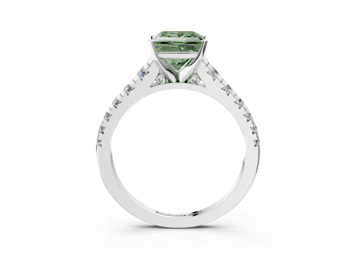 Fancy Green Princess Cut Diamond Cathedral Solitaire Ring with Round Pavé Band Silver