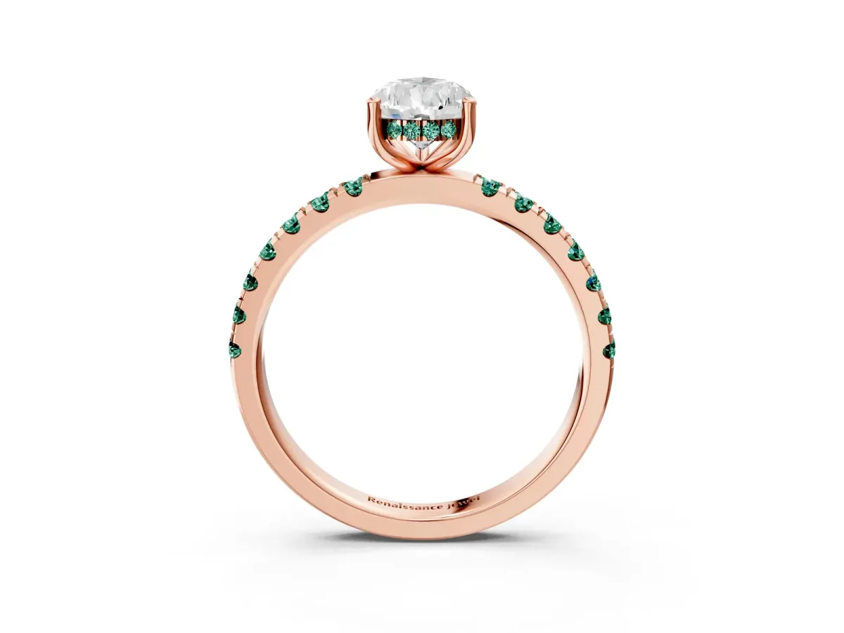 Pear Cut Diamond Pave Band Solitaire Ring with Round Green Sapphire and Prong Setting Rose gold