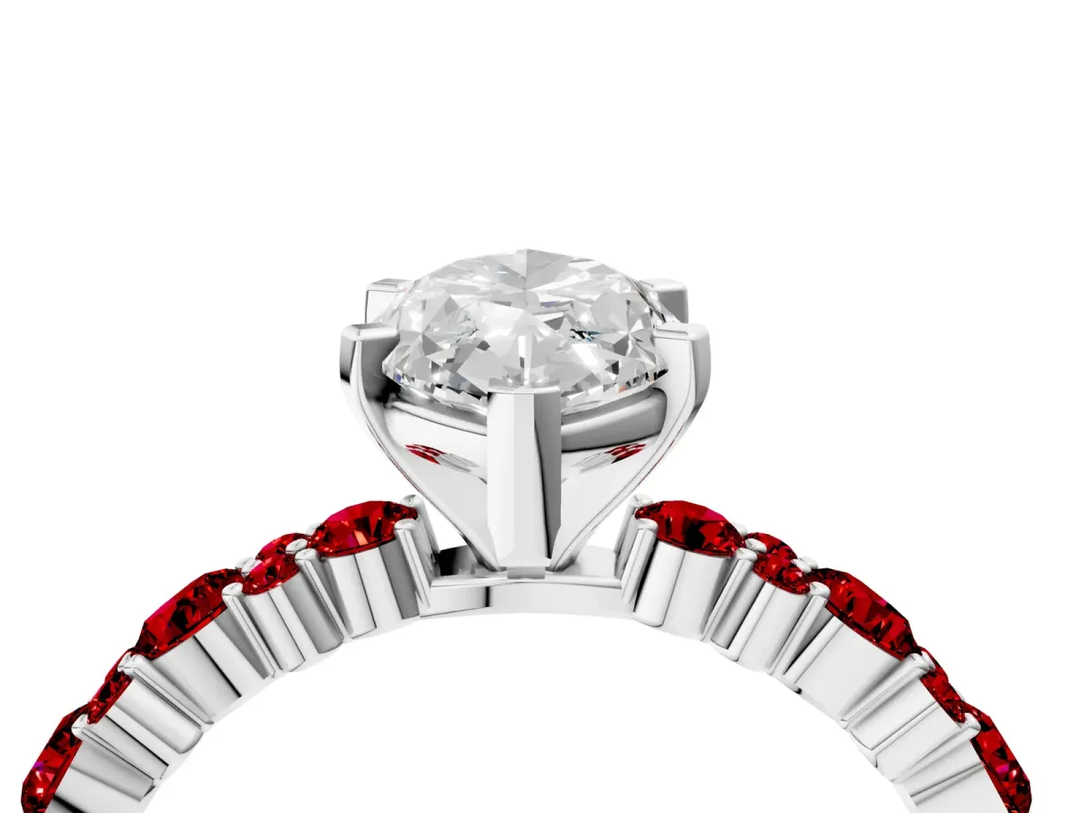 Marquise Cut Diamond Side Stone Solitaire Ring with Round Ruby and Four-Prong Setting Platinum
