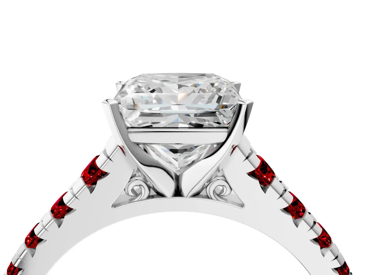 Princess Cut Diamond Cathedral Solitaire Ring with Round Ruby Pavé Band Platinum