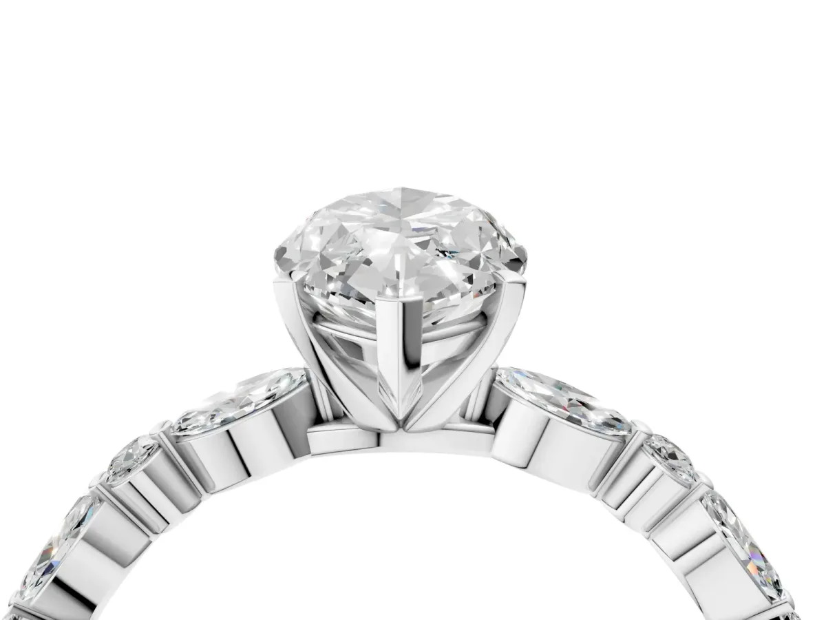 Marquise Cut Diamond Ring with Marquise and Round Moissanite Side Stones and Four-Prong Setting Silver
