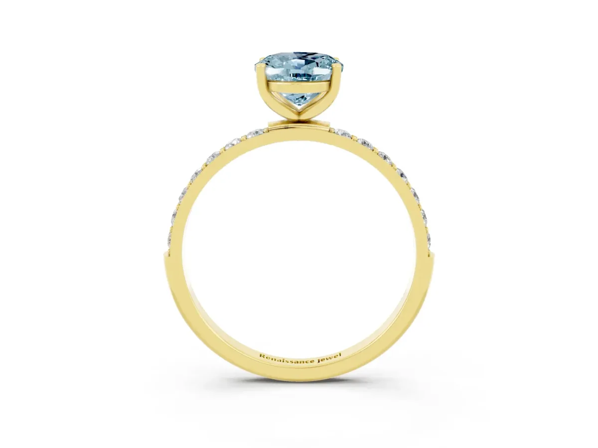 Oval Cut Aquamarine Solitaire Ring with Round Pavé Band and Prong Setting Yellow gold