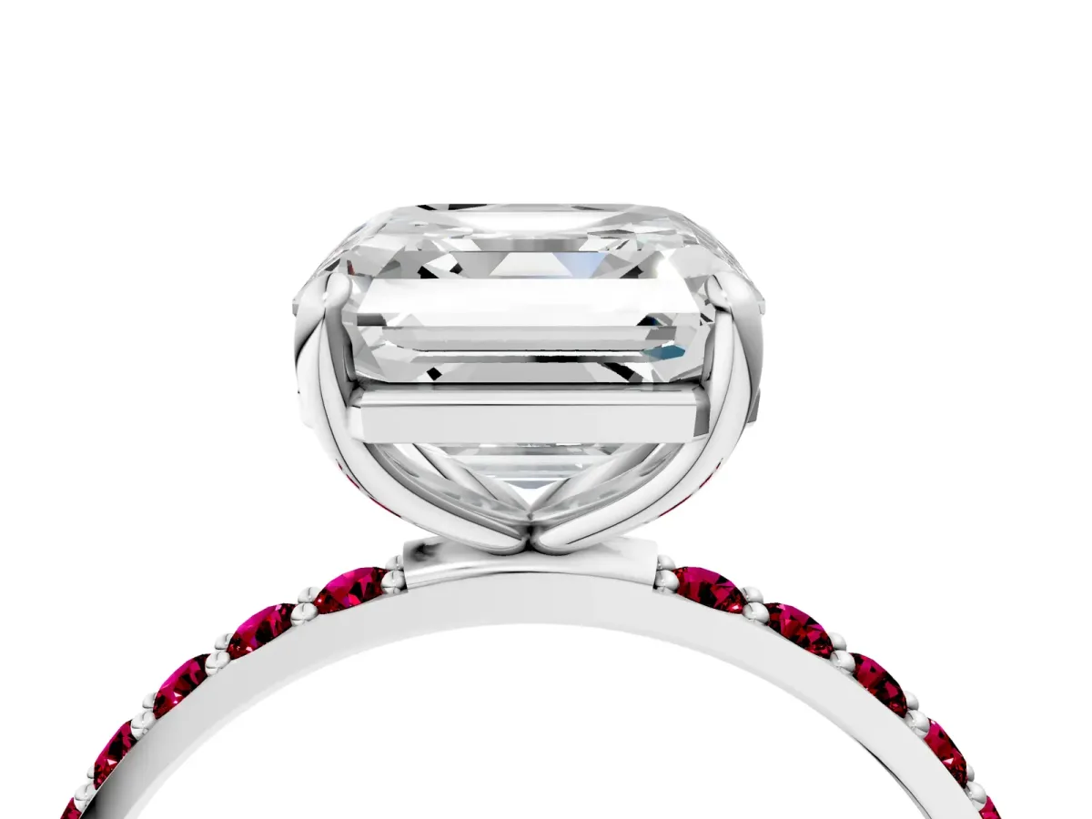 Asscher Cut Diamond Solitaire Ring with Round Garnet Pavé Band and Prong Setting Platinum