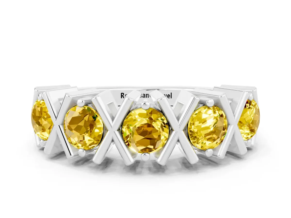 Round Yellow Sapphire Channel Set Band with X-Prong Detail Platinum