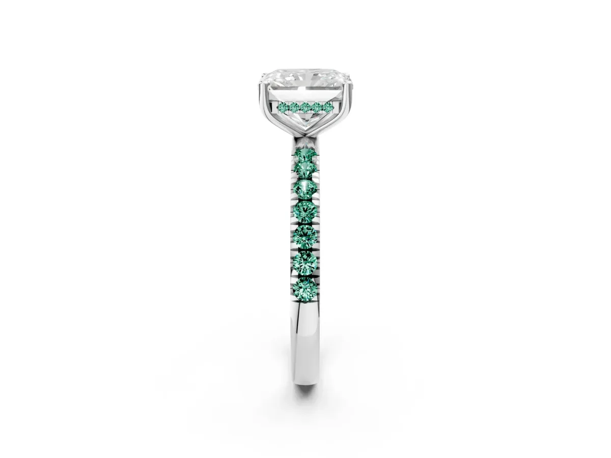 Radiant Cut Diamond Pave Band Solitaire Ring with Round Green Sapphire and Prong Setting Silver