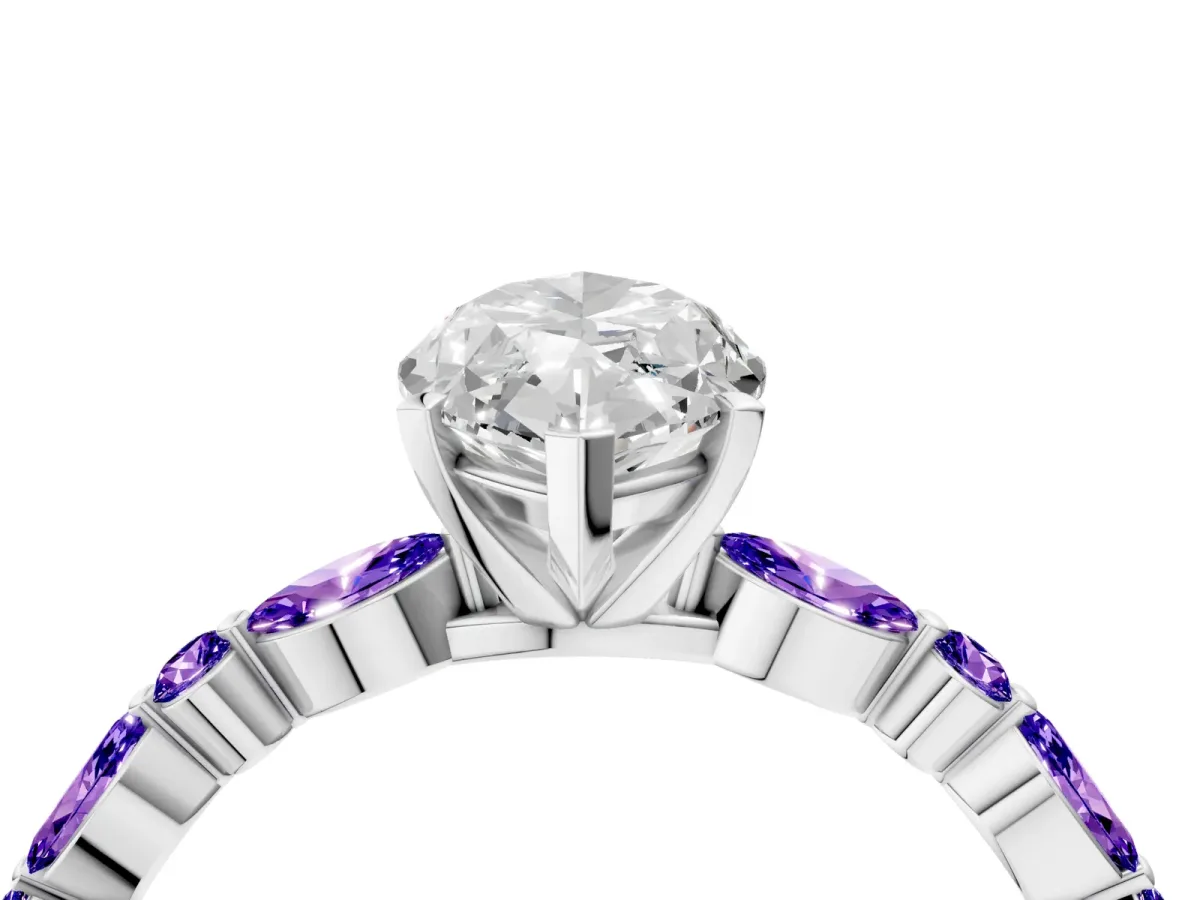 Marquise Cut Diamond Ring with Marquise and Round Tanzanite Side Stones and Four-Prong Setting Platinum