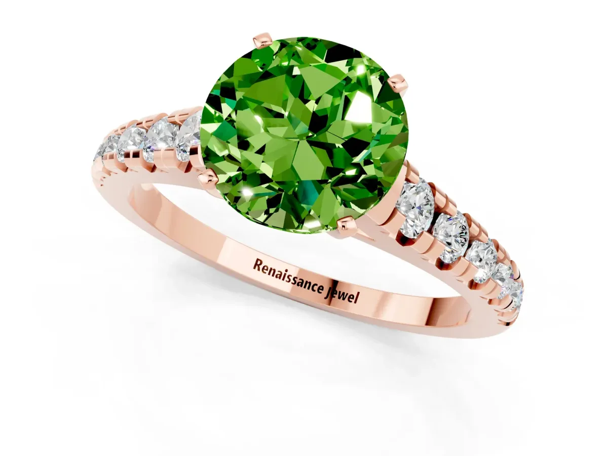Round Cut Peridot Cathedral Solitaire Ring with Round Pavé Band Rose gold