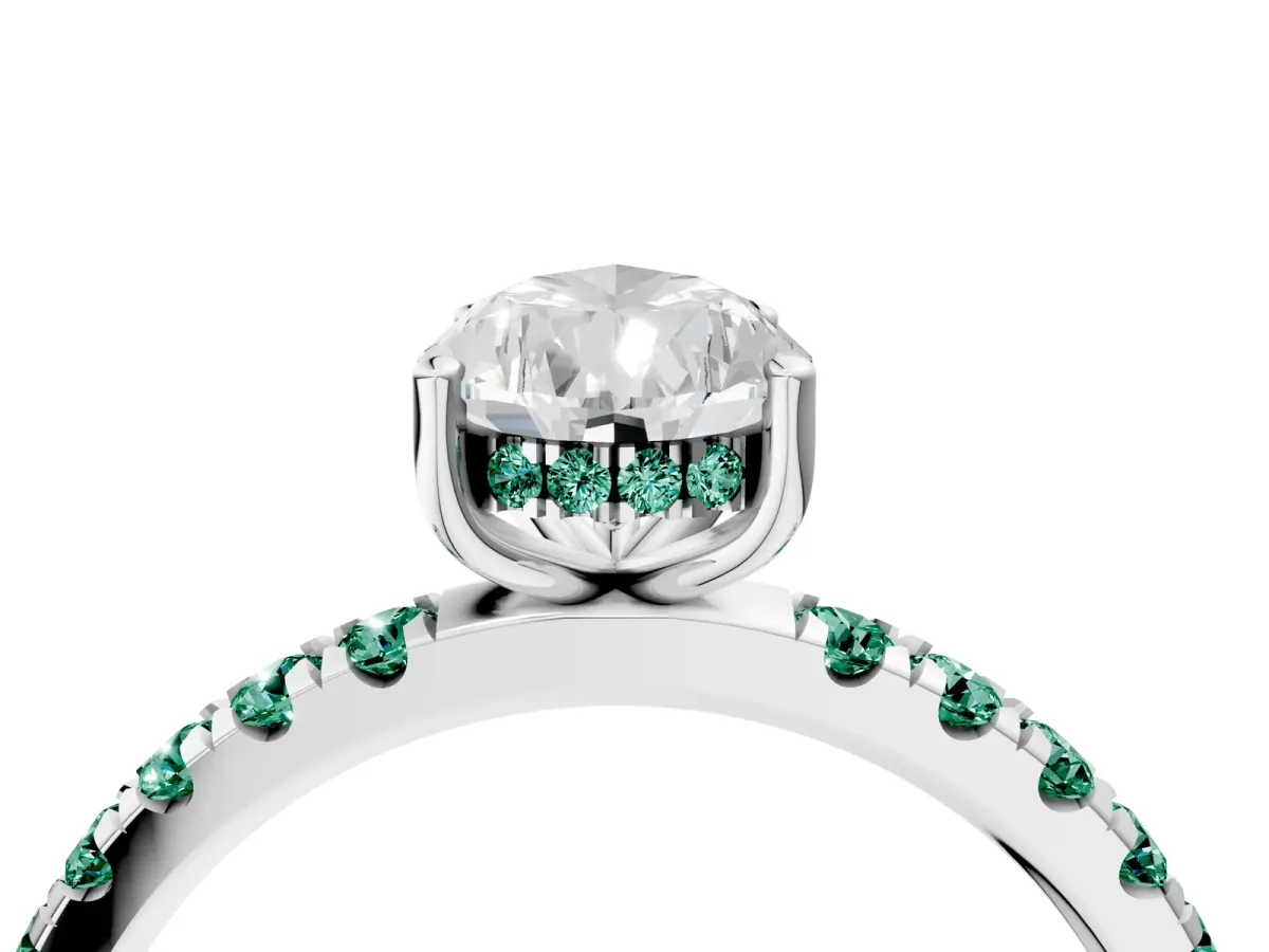 Pear Cut Diamond Pave Band Solitaire Ring with Round Green Sapphire and Prong Setting White gold