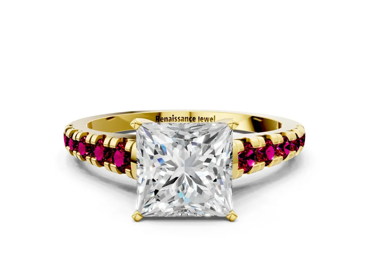 Princess Cut Diamond Cathedral Solitaire Ring with Round Garnet Pavé Band Yellow gold