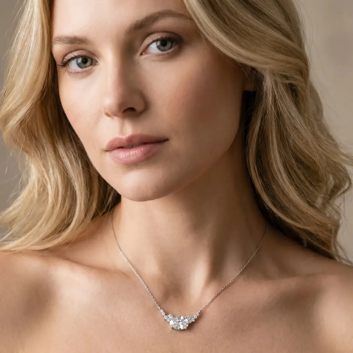 Oval Diamond Pendant with Heart Accents and Prong Setting Silver
