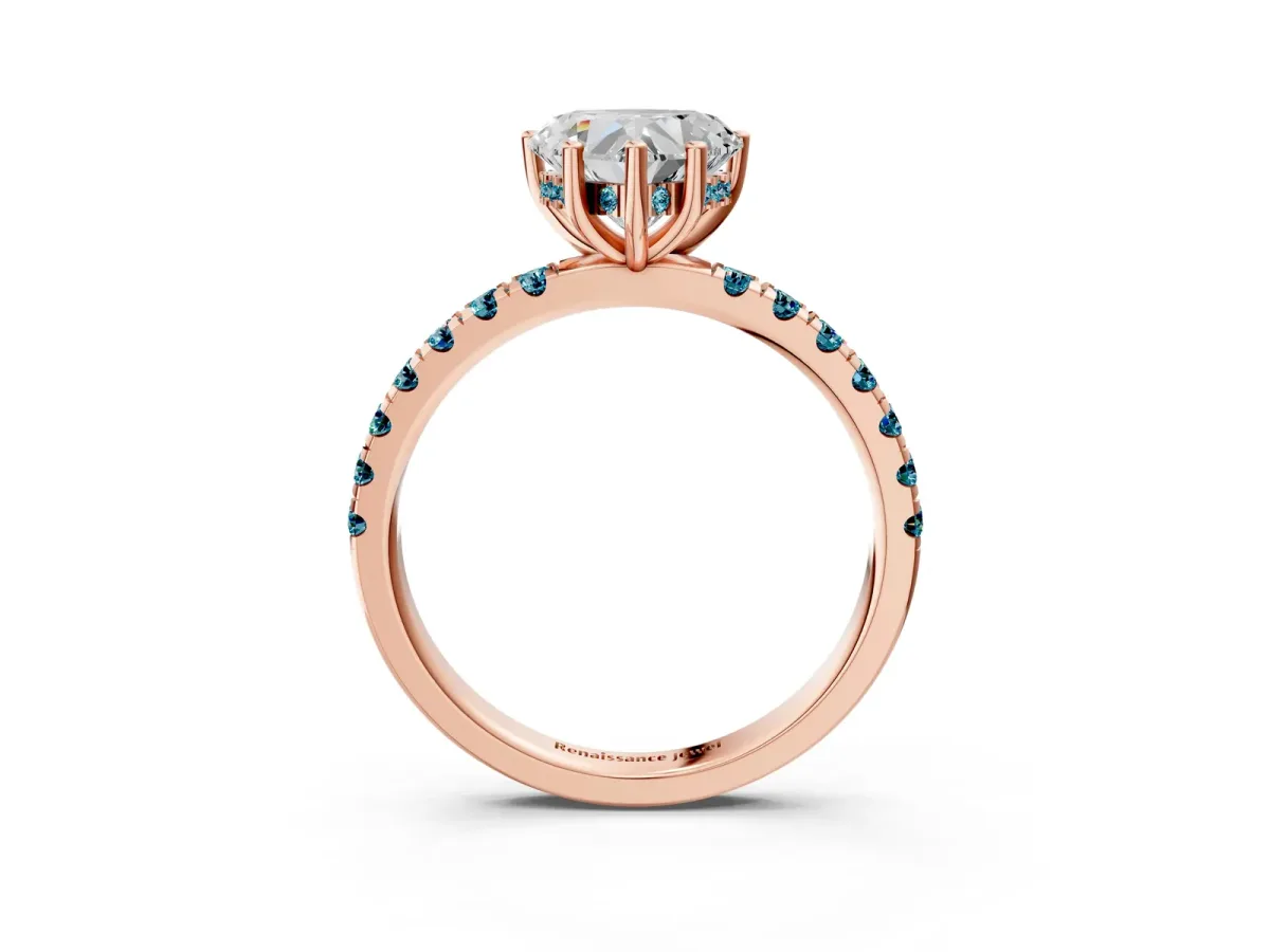 Heart Cut Diamond Pave Band Solitaire Ring with Round Blue Topaz and Prong Setting Rose gold